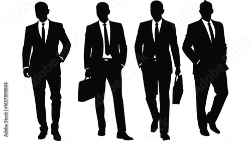 Four businessmen standing in suits ties briefcases