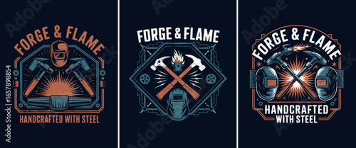 Forge and flame vintage emblem set with hammers, welding helmets, sparks, fire, and steelwork elements for blacksmith and metal workshop designs