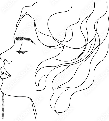 The illustration depicts a hijab girl in a continuous single-line drawing, showcasing a woman wearing an Islamic scarf