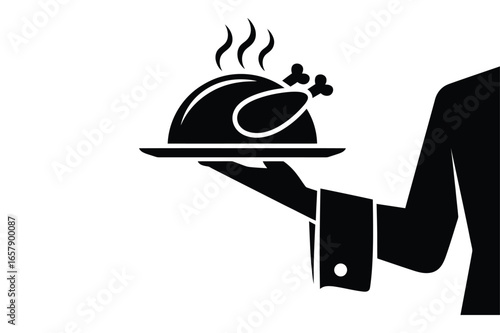 Chef holding a hot roasted chicken on a serving platter presenting a delicious meal vector