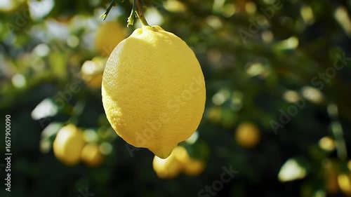 Vibrant Yellow Lemon Hanging on Tree Branch in Sunlight with Blurred Green Foliage Detailed Close Up of Textured Citrus