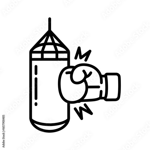 Boxing Punching Bag Illustration with Glove Training for Strength and Fitness Black and White Line Art Style Vector