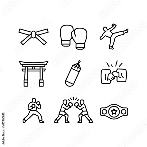 Martial Arts and Combat Sports Icon Set Black Line Collection Karate Boxing and Fighting Elements on White Background