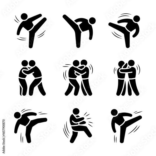 Martial Arts and Combat Sports Pictograms Featuring Kicks Clinches and Fighting Techniques Demonstrating Self Defense and Training Methods