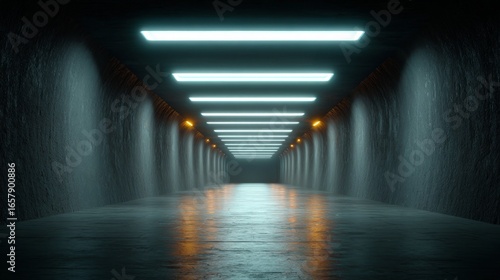 Tunnel Vision: An evocative view down a sleek, contemporary tunnel, enhanced by a mesmerizing display of linear light fixtures, casting a radiant, atmospheric glow along the path.