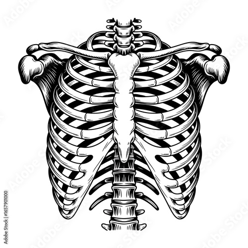 Detailed anatomical illustration of human torso skeleton showcasing rib cage and spine medical educational resource ideal for scientific and artistic projects