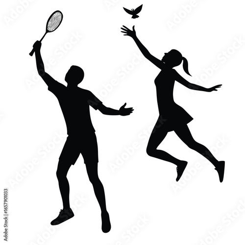 Male and female badminton players reaching for shuttlecock