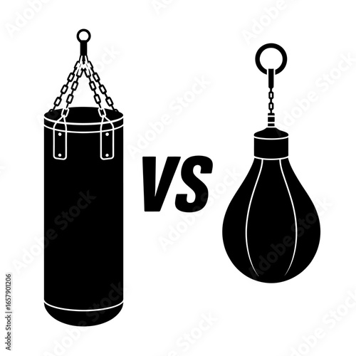 Punching Bag vs Speed Bag Black and White Illustration for Boxing Enthusiasts and Fitness Comparisons Featuring Traditional and Speed Training Equipment