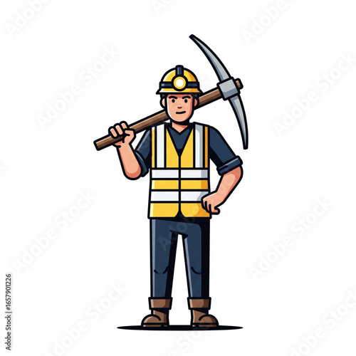 A miner wearing a safety helmet, reflective vest, and boots is standing while holding a pickaxe on his shoulder.
