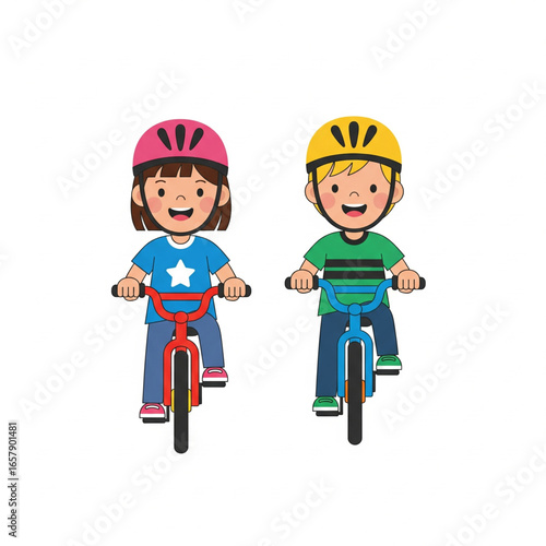Two happy children are riding bicycles while wearing helmets.