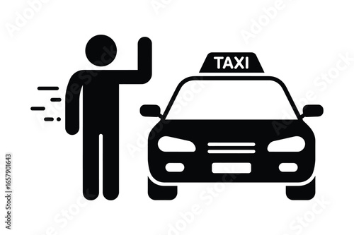 Person hailing a black taxi cab with a illuminated taxi sign on top for city transportation vector