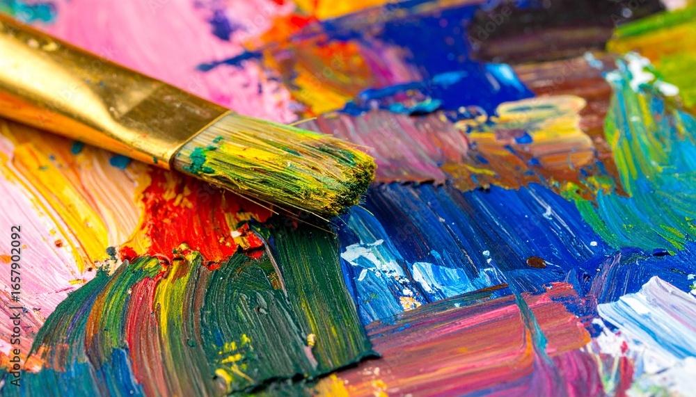 Fototapeta premium A Close Up Of An Artist S Palette Shows The Texture And Colors Of Oil Paint, With A Paintbrush Resting On The Surface, Depicting The Colorful Abstract Art.