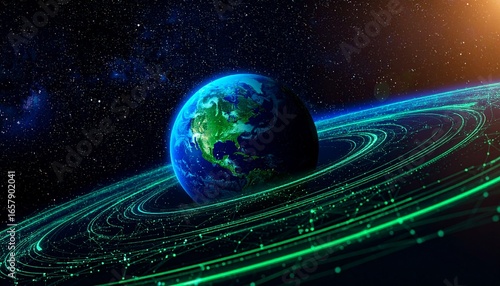 A Stunning Digital Illustration Showcases Planet Earth Surrounded By Futuristic Glowing Energy Rings In Deep Space, Representing Global Connectivity And Technological Advancements, Perfect