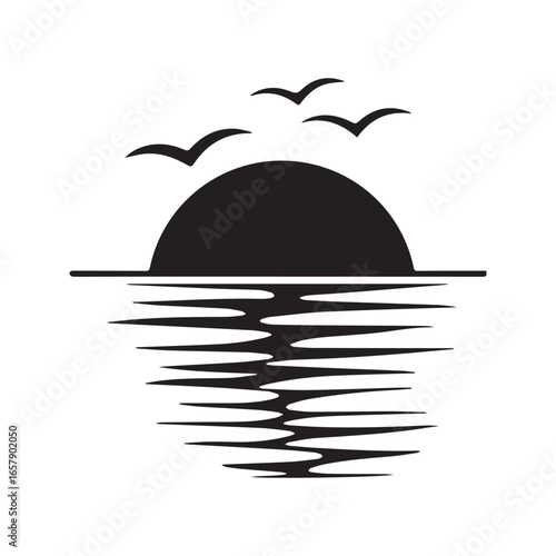Seagulls flying over a sunset or sunrise on the sea. Black silhouette icon of sun, birds, and water reflection, vector logo design.
