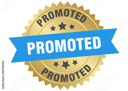 promoted. promoted round blue and gold label isolated on transparent background