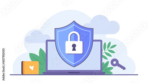 Laptop protected by a shield with a lock, symbolizing online security.