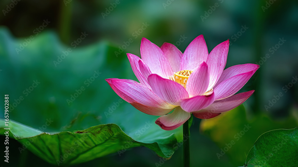 Pink lotus flower in full bloom, radiating peace. Petals glow with delicate details, set against a backdrop of vibrant green leaves. Pink lotus flower in full bloom, radiating peace. Petals glow with delicate details, set against a backdrop of vibrant green leaves.