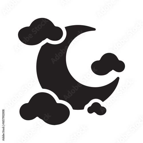 Black crescent moon with clouds icon. Nighttime cloudy weather symbol vector silhouette.
