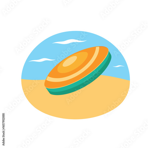 Vector of  beach scene with a frisbee on white background.