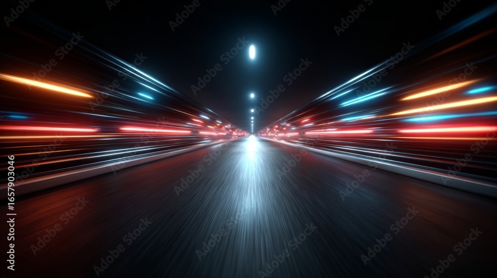 Fototapeta premium Neon Road to Tomorrow: Dive into a dynamic scene of motion, where streaks of red, blue, and orange neon lights blur across an endless road, illuminated by a series of overhead lamps.