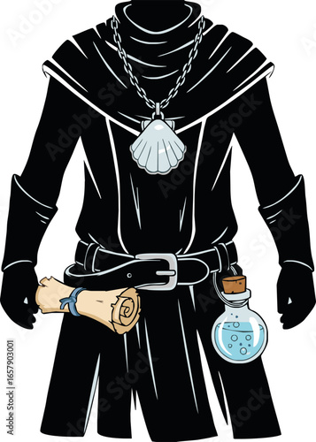 Silhouette of a hooded figure in dark clothing, adorned with a seashell pendant, a scroll, and a vial.