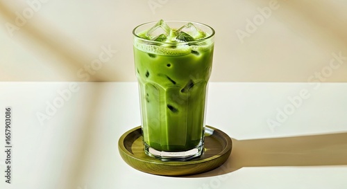 Iced matcha latte with ice cubes on a bamboo coaster.
