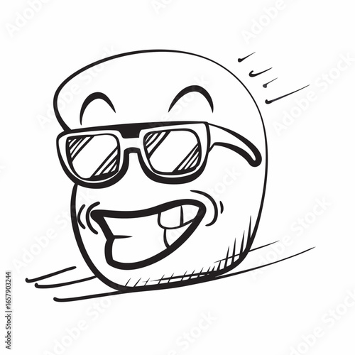 Expressive cartoon face with sunglasses speeding along, capturing carefree summer vibes and energetic fun, perfect for lighthearted designs and playful animations, originally vector