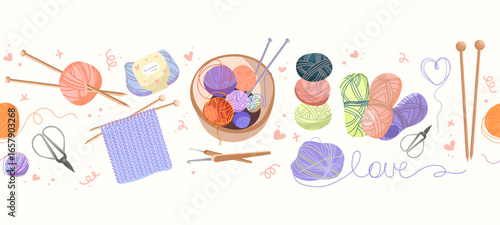 Seamless knitting and crochet border illustration with yarn balls, knitting needles, scissors, crochet hooks, craft tools for fabric design, packaging, scrapbooking, web,dividers, DIY projects. Vector