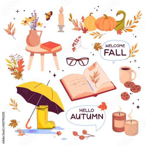 Cozy autumn clipart set with pumpkins, leaves, book, candle, cookies, cozy seasonal elements for stickers, prints, greeting cards, poster, social media, planners and fall design Vector illustration