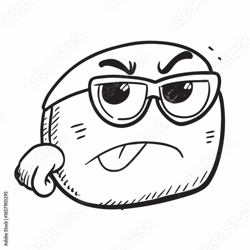 Grumpy Doodle Character with Glasses Showing Tongue, Expressing Displeasure and Irritation, Perfect for Humor and Cartoon Illustrations, Originally a Scalable Vector Graphic