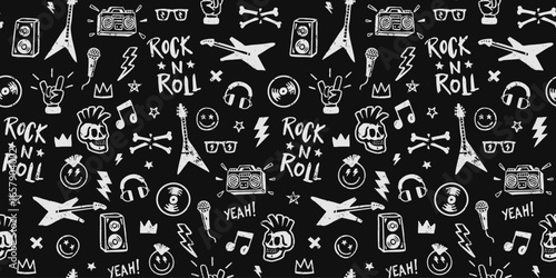 Seamless rock and roll doodle pattern with guitars, skulls, music notes, boomboxes, and lightning. Perfect for apparel, posters, wallpapers, wrapping paper, stickers, and digital designs.