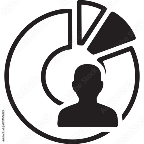 Pie chart with person icon isolated on white background representing demographic data, market segmentation, user analysis, and customer profile in a simple and clean design