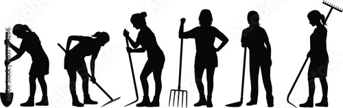 female, farmer, woman, gardening, shovel, rake, pitchfork, agriculture, work, labor, rural, garden, tool, posture, activity, female silhouette, woman farmer, gardening tools, rural labor, farm work
