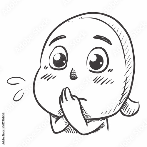 Worried cartoon character with hands to mouth expresses concern, anxiety, or fear in sketch style, perfect for illustrating empathy, stress, or emotional vulnerability in creative projects