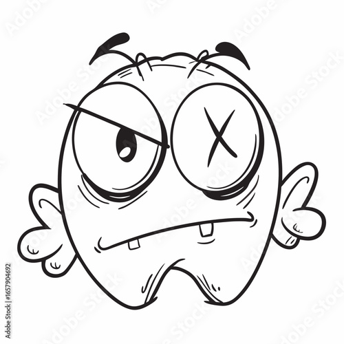 Expressive cartoon doodle face with a disgruntled expression and crossed-out eye, perfect for adding a playful touch to designs about humor, comics, and quirky characters