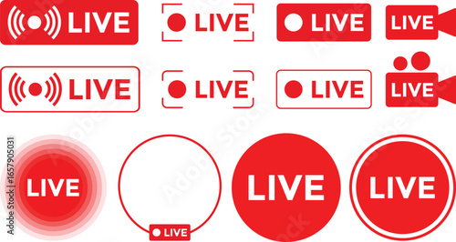 Live streaming red icon set. online stream icons. broadcasting buttons. social media channel
