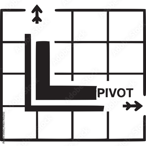 Pivot point on a grid with arrows indicating direction, isolated on white background the diagram represents a transformation or rotation around a central axis