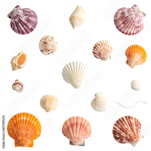 Assorted Seashells Collection of Various Shapes and Colors on transparent background