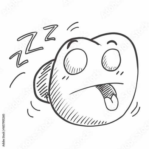 Drawn cartoon face of someone sleeping soundly, dreaming peacefully with closed eyes and tongue out, perfect for illustrating rest and relaxation