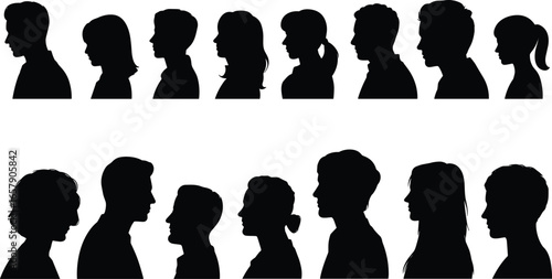 Human, profile, silhouette, people, faces, diversity, communication, avatar, side view, male, female, head, outline, vector, identity, social, interaction, hairstyle, black, shadow, talking, group, co