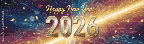 Colorful fireworks and falling confetti bursts against a dark night sky, creating a celebratory and joyous atmosphere that perfectly embodies the excitement and hope of new year 2026.
