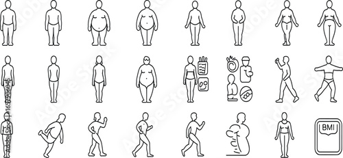 Body type icon set, health and fitness vector, diverse figures, physical activity, BMI scale, nutrition, wellness symbols, line art