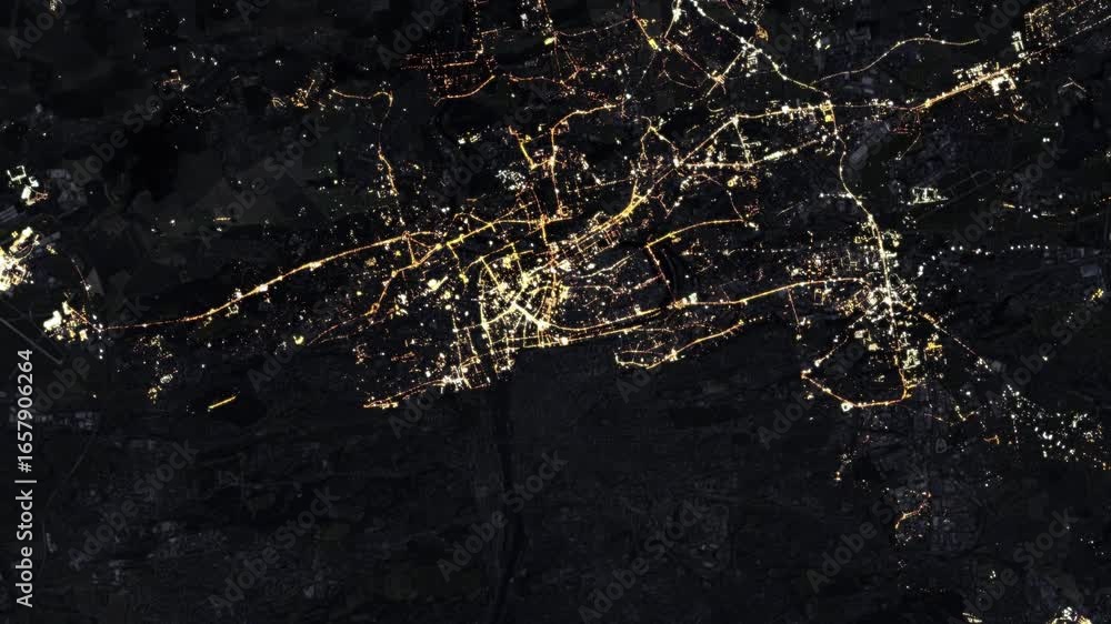 Electric power and internet outage at night in major big city. Enhanced with electric static audio.