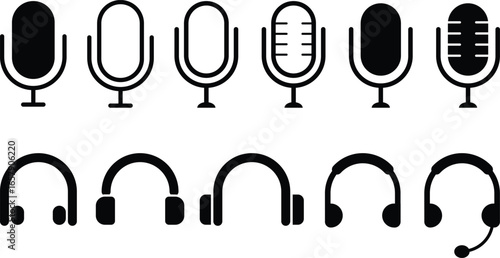 Microphone and headphones icon set. Vocal signs. voice icon symbol. Support service icons. Headset icons. public speaker.  sound recording equipment. 