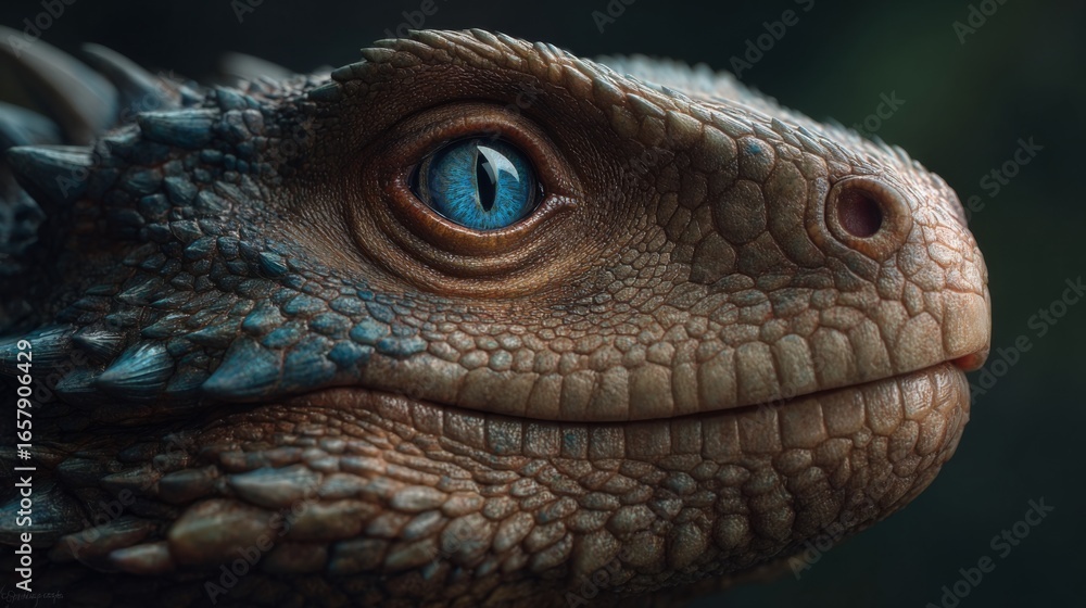 Fototapeta premium Mystical Gaze of the Dragon: The head of a dragon, rendered in stunning detail, its scales shimmering and eyes glowing with ancient wisdom, set against a dreamlike, atmospheric backdrop.