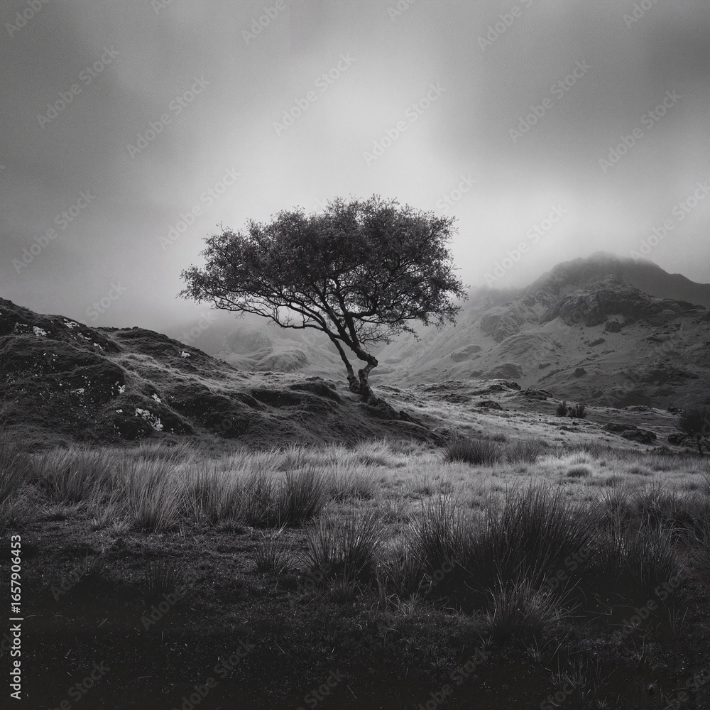 Obraz premium Isolated tree standing on grassy hillside in monochrome landscape 