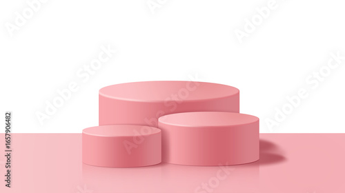 Photos Pink 3D podium background with three cylinder platforms for product display or cosmetic presentation