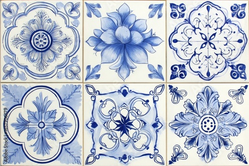 Decorative ceramic tiles in a 3x2 grid, featuring intricate blue floral and geometric patterns on a cream background © Luky