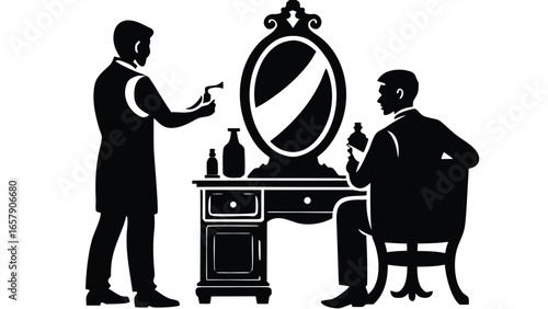 Barber styling client with vintage tools grooming salon