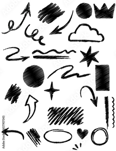 Arrow line chalk brush hand drawn sketch element set. Grunge square, heart, arrow element scribble line brush hand drawn pencil sketch. Texture chalk, crayon pencil style. Vector illustration